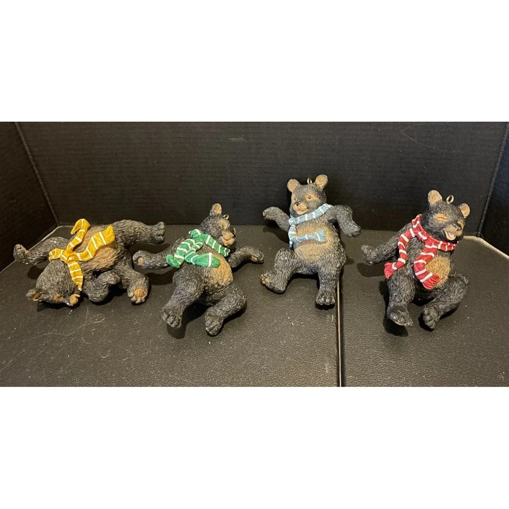 Black Bear Cubs Red Yellow Green Blue Scarf Christmas Holiday Ornament Set‎ Of 4